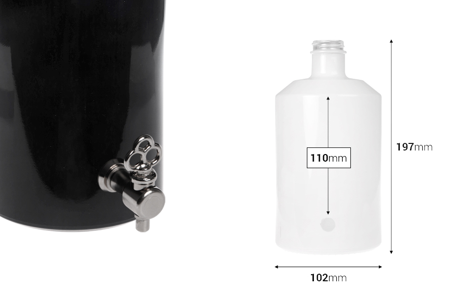 Стъклена бутилка за парфюми 1000 мл в бяло или черно с дупка за кранче *(изберете кранчето от придружаващите артикули) Стъклена бутилка за парфюми 1000 мл в бяло или черно с дупка за кранче *(изберете кранчето от придружаващите артикули)-изображение_размери