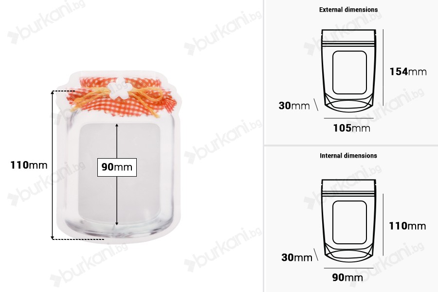 Пликове тип Doy Pack с цип във формата на буркан с размери 105x30x154 mm с цип затваряне - 50 бр./пакет-изображение_размери
