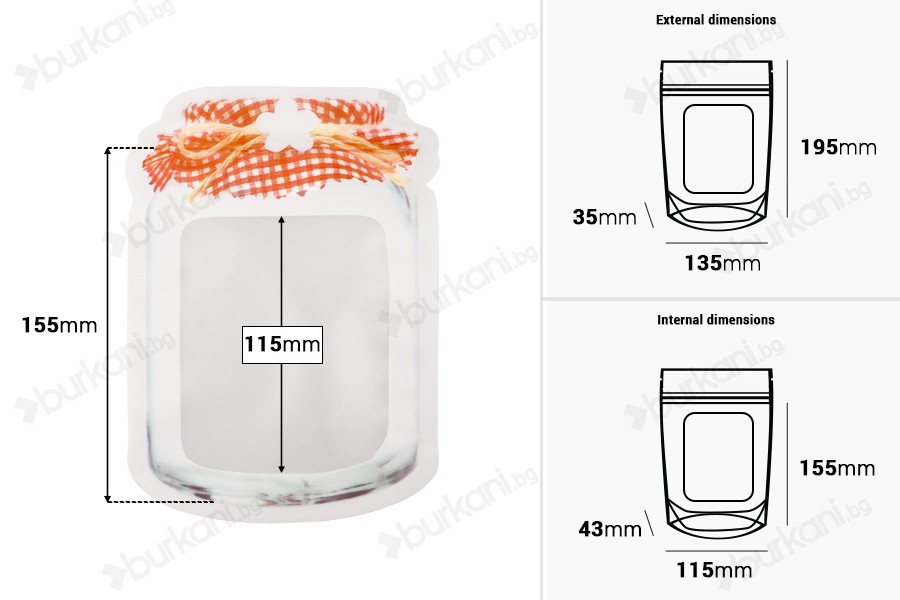 Пликове тип Doy Pack с цип във формата на буркан с размери  135x35x195 mm , в опаковка от 50 бр.-изображение_размери