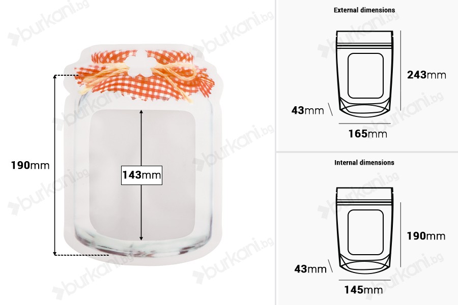 Пликове тип Doy Pack с цип във формата на буркан с размери 165x43x243 mm - в опаковка от 50 бр.-изображение_размери