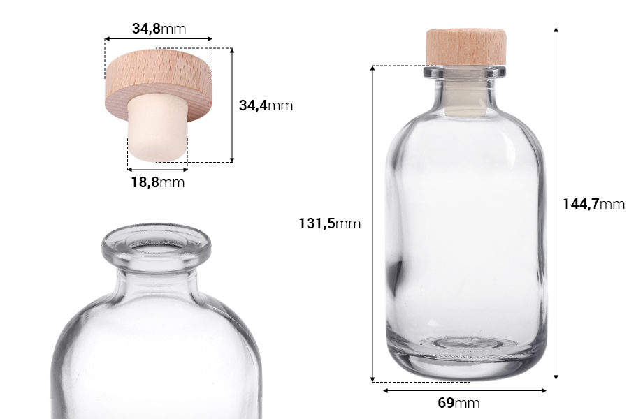 Стъклена бутилка 250 мл с дървено-силиконова тапа-изображение_размери
