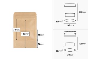 Пликове дой пак с размери  90x30x140 mm от крафт хартия , с цип и с  прозорец, вътрешна и външна прозрачна облицовка - 100 бр.-изображение_размери