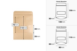 Торбички тип ДОЙ ПАК с размери 100x30x150 mm, с цип, прозорец, вътрешна и външна прозрачна облицовка - 100 бр.-изображение_размери