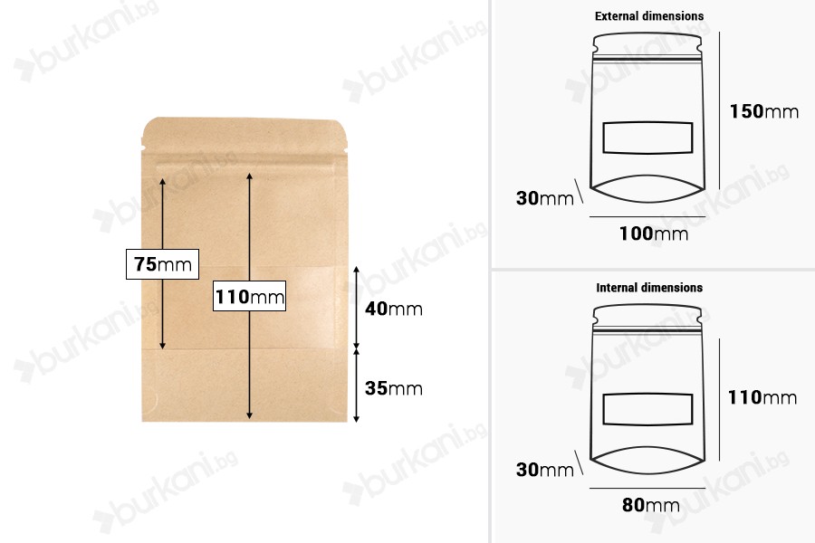 Торбички тип ДОЙ ПАК с размери 100x30x150 mm, с цип, прозорец, вътрешна и външна прозрачна облицовка - 100 бр.-изображение_размери