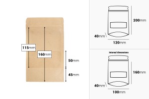 Пликове Крафт ДОЙ ПАК  с размери  120x40x200 mm, с цип, прозорец, - 100 бр.-изображение_размери