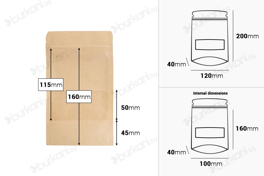 Пликове Крафт ДОЙ ПАК  с размери  120x40x200 mm, с цип, прозорец, - 100 бр.-изображение_размери