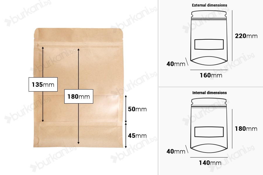Хартиени торбички с тип ДОЙ ПАК 160x40x220 mm, с цип, с прозорец, вътрешна и външна прозрачна облицовка - 100 бр.-изображение_размери