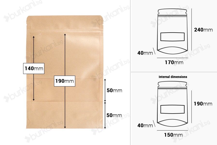 Торбички тип ДОЙ ПАК  170x40x240 mm, с цип, с  прозорец - 100 бр.-изображение_размери