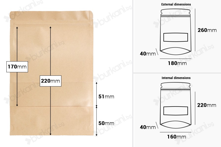 Хартиени торбички тип ДОЙ ПАК с прозорец 180x40x260 mm - 100 бр.-изображение_размери