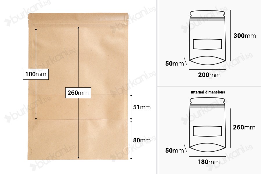 Крафт торбички тип Doy Pack 200x50x300 mm, с цип, прозорец, - 100 бр.-изображение_размери