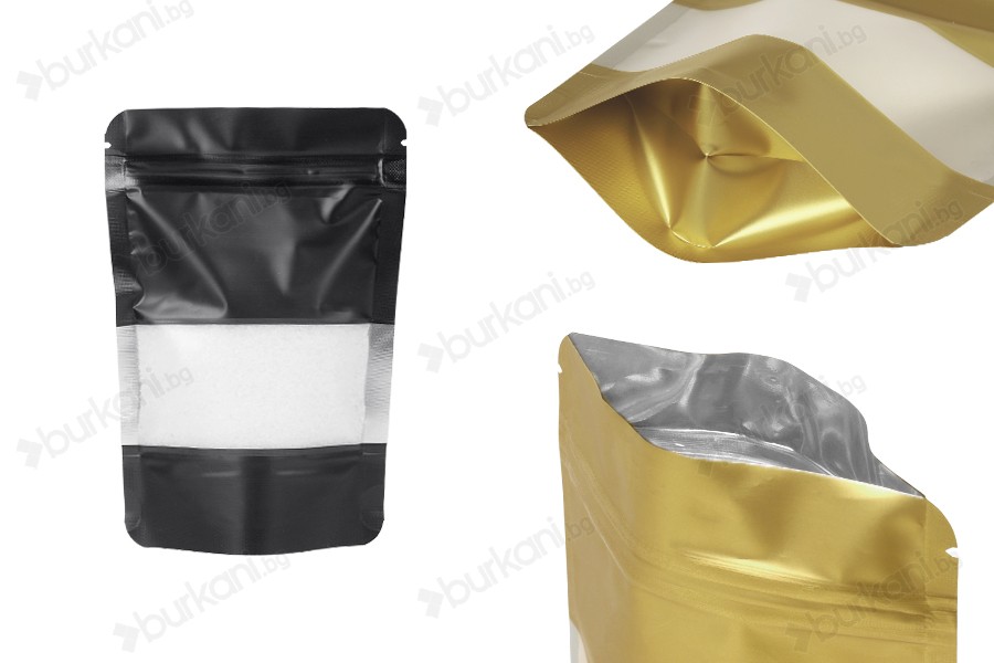 Алуминиеви торбички Doy Pack 100x30x145 мм, със закопчаване "цип", прозорче и възможност за запечатване с термозаварка - 100 бр.-изображение_продукт