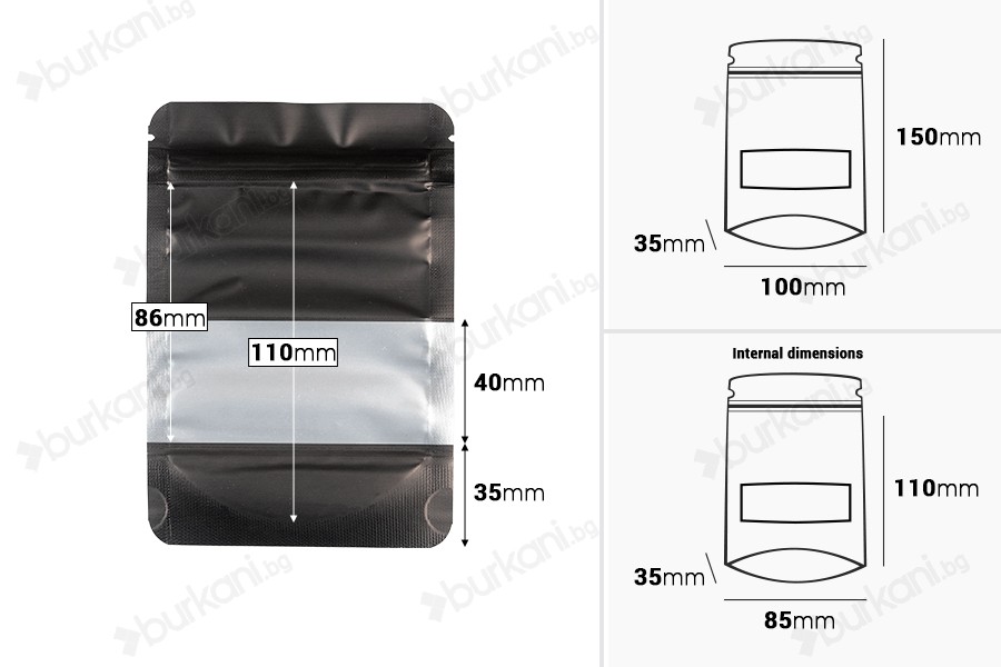 Алуминиеви торбички Doy Pack 100x30x145 мм, със закопчаване "цип", прозорче и възможност за запечатване с термозаварка - 100 бр.-изображение_размери