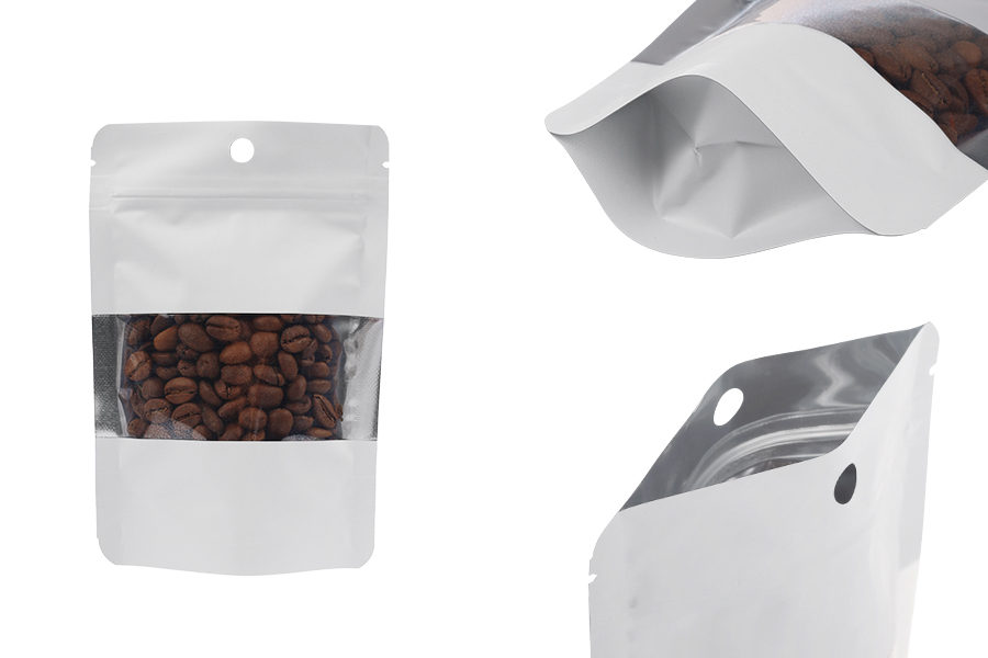 Алуминиеви торбички тип  Doy Pack 100x30x145 мм със закопчаване "цип", с прозорец и възможност за термозапечатване- 100 бр.-изображение_продукт