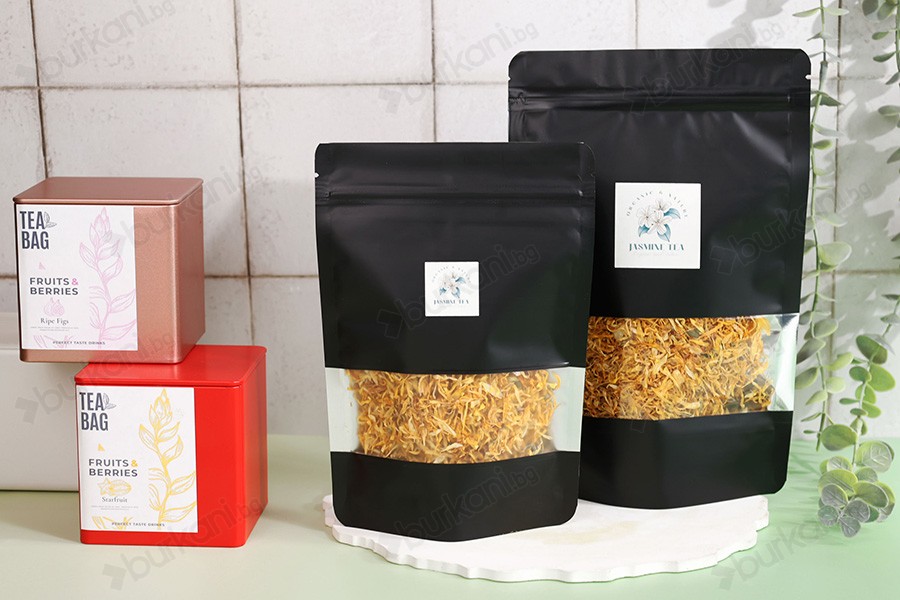 Алуминиеви торбички тип Doy Pack 120x40x195 mm, с "цип" затваряне, прозорец и термозапечтване- 100 бр.-изображение_група