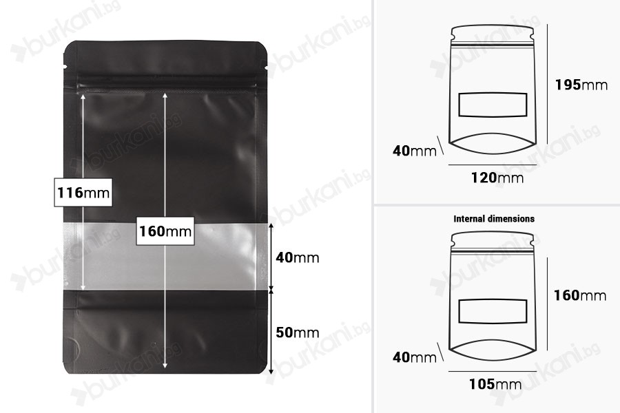Алуминиеви торбички тип Doy Pack 120x40x195 mm, с "цип" затваряне, прозорец и термозапечтване- 100 бр.-изображение_размери