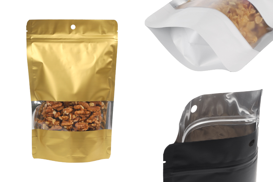 Алуминиеви торбички тип Doy Pack 160x40x240 мм със закопчаване "цип", с прозорец и възможност за запечатване с термолепачка - 100 бр.-изображение_продукт