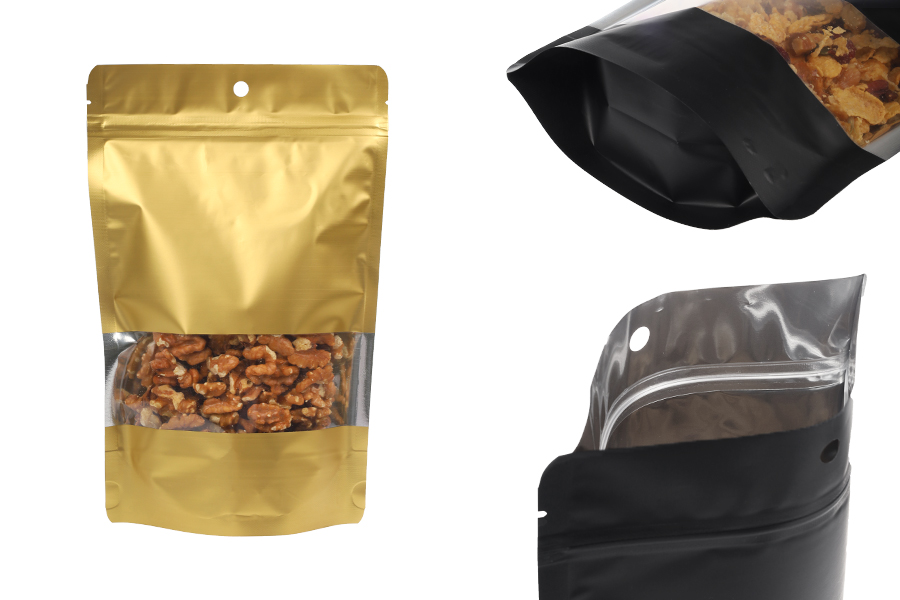 Алуминиеви торбички тип Doy Pack 160x40x240 мм със закопчаване "цип", с прозорец и възможност за запечатване с термозаварка - 100 бр.-изображение_продукт