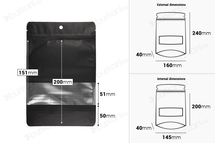Алуминиеви торбички тип Doy Pack 160x40x240 мм със закопчаване "цип", с прозорец и възможност за запечатване с термолепачка - 100 бр.-изображение_размери