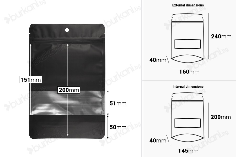 Алуминиеви торбички тип Doy Pack 160x40x240 мм със закопчаване "цип", с прозорец и възможност за запечатване с термолепачка - 100 бр.-изображение_размери