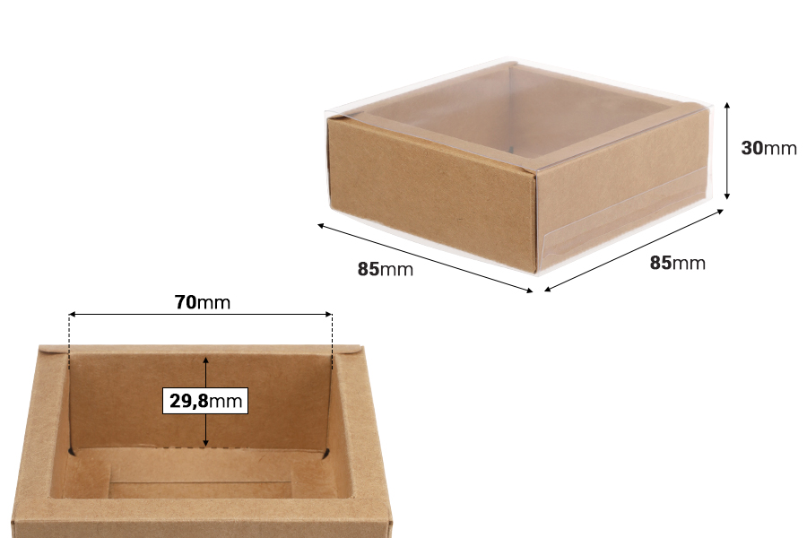 Хартиена опаковъчна кутия (300gsm) 85x85x30 мм с прозрачен пластмасов капак (бяло или крафт) -12 бр.-изображение_размери