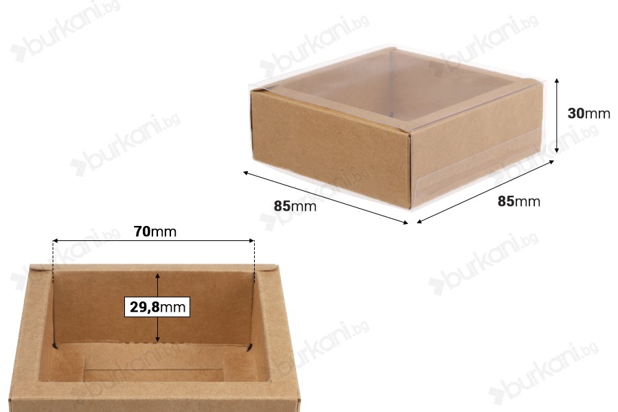Хартиена опаковъчна кутия (300gsm) 85x85x30 мм с прозрачен пластмасов капак (бяло или крафт) -12 бр.-изображение_размери