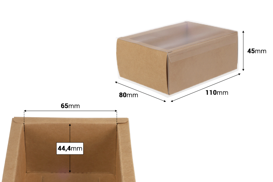 Хартиена опаковъчна кутия Крафт или Бяла (300gsm) 110x80x45 мм с прозрачен капак - 12 бр.-изображение_размери