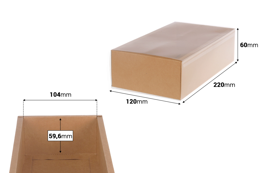 Хартиена опаковъчна кутия (300gsm)  в бял и крафт цвят  220x120x60 мм с прозрачен капач- 12 бр.-изображение_размери