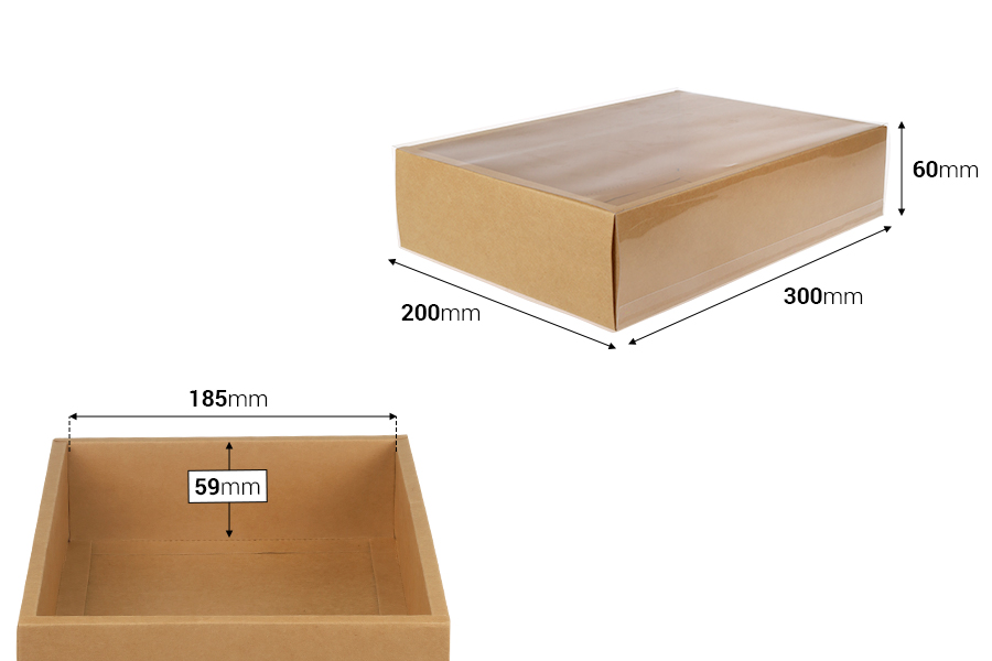 Хартиена опаковъчна кутия (300gsm) бяла или крафт с размери  300x200x60 мм с прозрачен капак - 12 бр.-изображение_размери