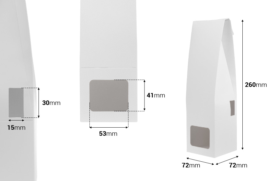 Бяла хартиена кутия с размери 72x72x260 мм за бутилки за ароматизатори с държач за пръчици - 20 бр.-изображение_размери