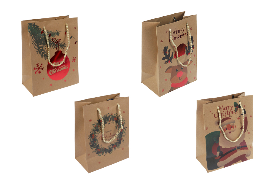 Коледна хартиена подаръчна торбичка 180x100x230 мм с връзки за дръжка - 12 бр. микс дизайни-изображение_продукт