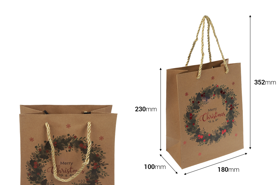 Коледна хартиена подаръчна торбичка 180x100x230 мм с връзки за дръжка - 12 бр. микс дизайни-изображение_размери