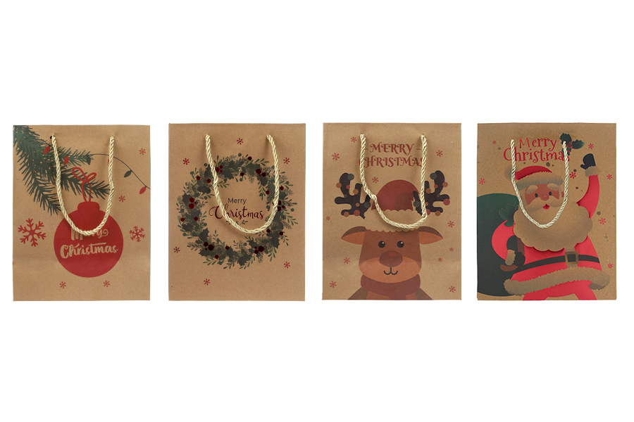 Коледна хартиена подаръчна торбичка 180x100x230 мм с връзки за дръжка - 12 бр. микс дизайни-изображение_група