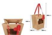 Хартиени торбички 200x130x220 мм за букети и цветни аранжировки с прозорец, червена панделка и етикет - 10 бр.-изображение_размери
