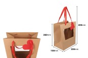 Хартиени торбички 230x150x260 мм за букети и цветни аранжировки с прозорец, червена панделка и етикет - 10 бр.-изображение_размери