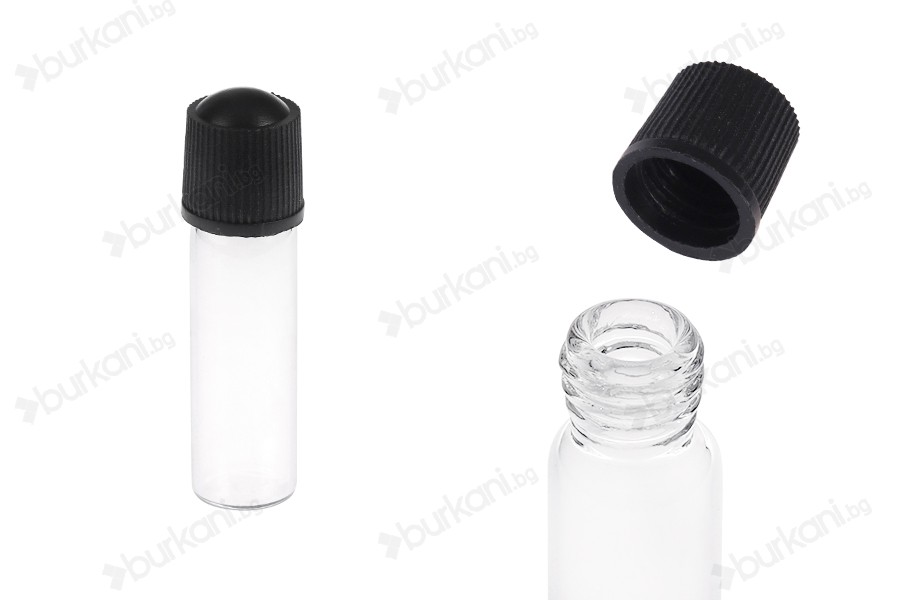 Стъклена миниатра 1 ml, с размери 10x35 с черна пластмасова капачка-изображение_продукт