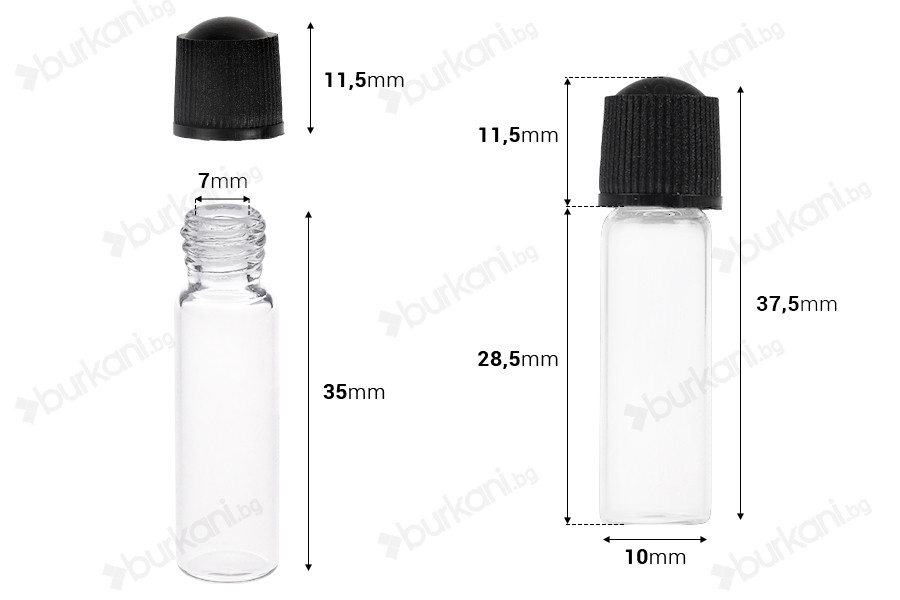 Стъклена миниатра 1 ml, с размери 10x35 с черна пластмасова капачка-изображение_размери