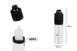 Пластмасова млечна бутилка 10 ml с черна пластмасова капачка  CRC и капкомер за електронни цигари - 50 бр.-изображение_размери