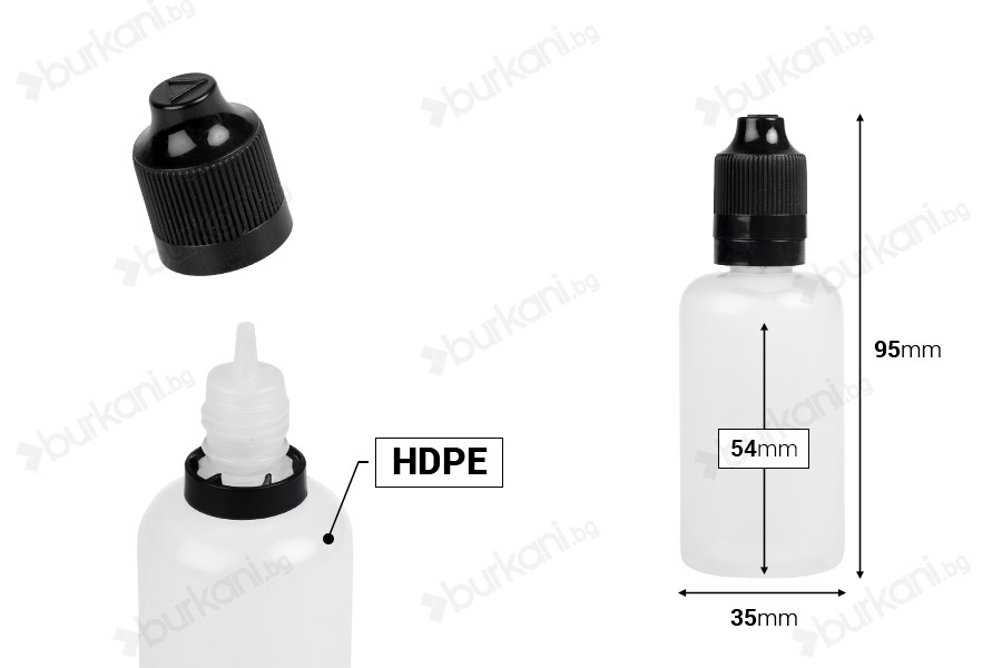 Пластмасова бутилка  50 ml  с пластмасова черна капачка CRC и пластмасов дозатор за електронна цигара  - 50 бр.-изображение_размери