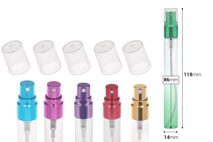 Стъклена бутилка тестер 10 мл с алуминиев спрей и прозрачна капачка - 6 броя-изображение_размери