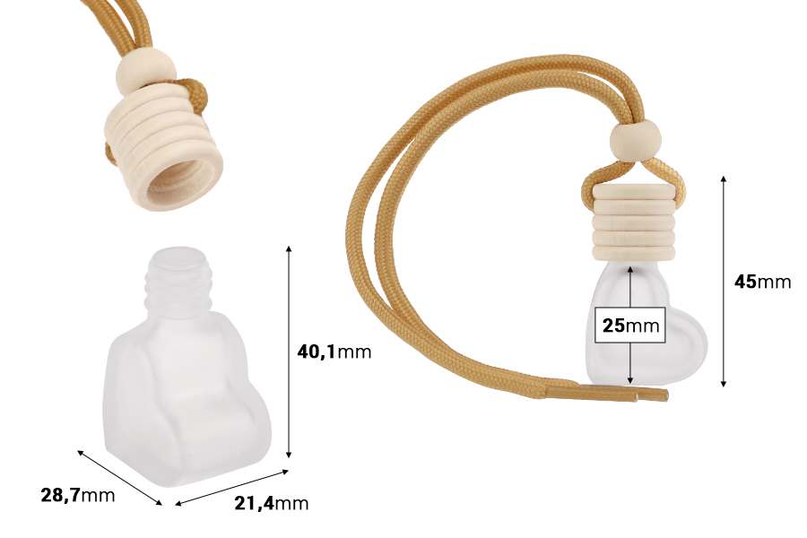 Стъклена матирана бутилка 4 мл  във формата на сърце за ароматизатор за кола с дървена капачка и запушалка - 25 бр.-изображение_размери