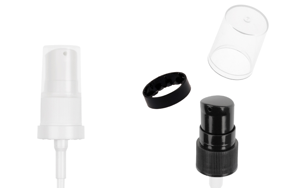 Пластмасова помпа за крем 18/410 с предпазен ринг и прозрачна пластмасова капачка-изображение_продукт