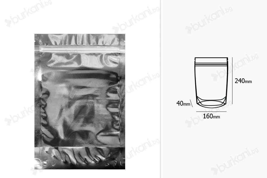 Опаковка тип  Doy Pack с размер  160х40х240 мм с алуминиева задна страна, прозрачна предна част, с  възможност за термозапечатване-изображение_размери