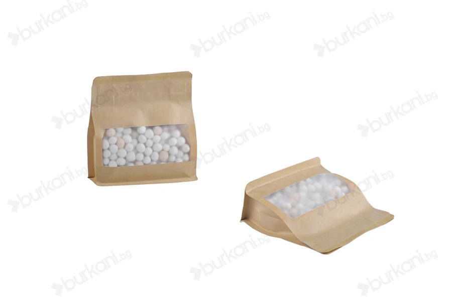 Крафт торбичка тип DOYPACK 137x66x123mm с прозорец и цип, с рамери-изображение_продукт