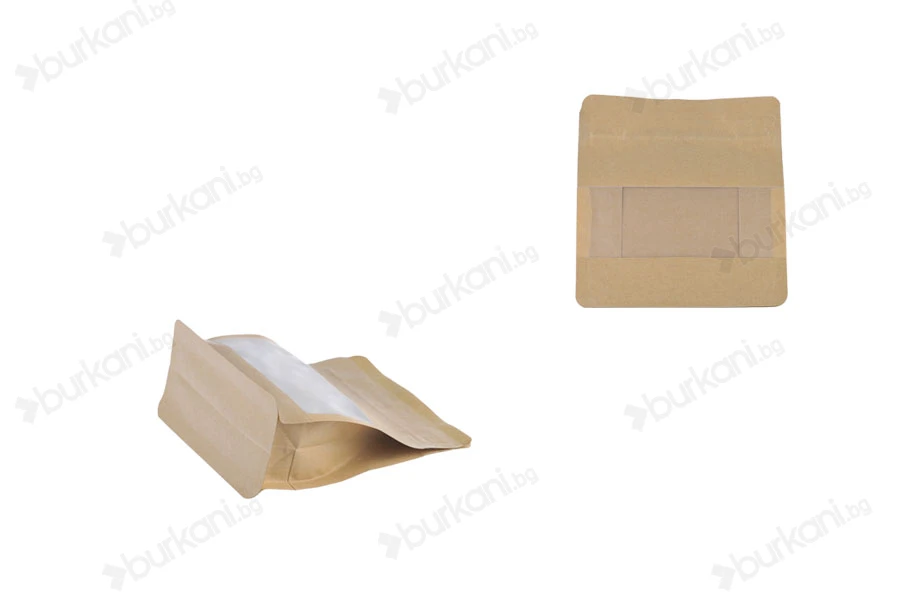 Крафт торбичка тип DOYPACK 137x66x123mm с прозорец и цип, с рамери-изображение_размери