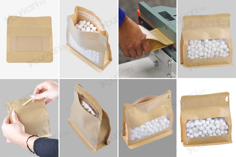 Крафт торбичка тип DOYPACK 137x66x123mm с прозорец и цип, с рамери-изображение_група