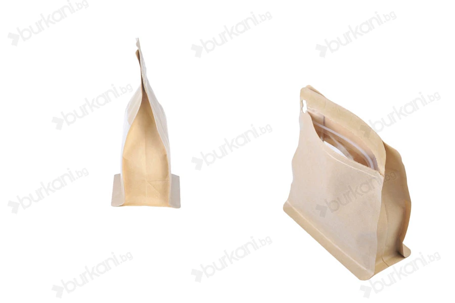 Крафт торбичка тип DOYPACK 137x66x123mm с прозорец и цип, с рамери-