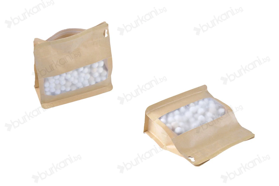Крафт торбичка тип DOYPACK 137x66x123mm с прозорец и цип, с рамери-изображение_група