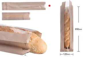Кафяв крафт плик за хляб (багета) с размери 120x50x65 с прозорец 70 mm-2