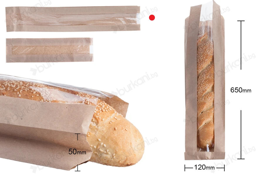 Кафяв крафт плик за хляб (багета) с размери 120x50x65 с прозорец 70 mm-изображение_размери
