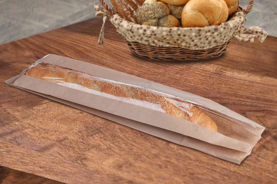 Кафяв крафт плик за хляб (багета) с размери 120x50x65 с прозорец 70 mm-